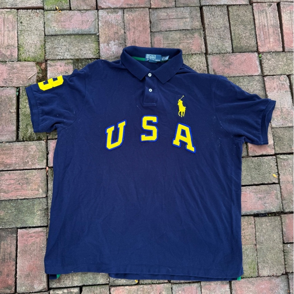 Polo Ralph Lauren Mens XXL Navy Blue Big Pony USA Custom‎ Fit Polo Shirt 3 Patch